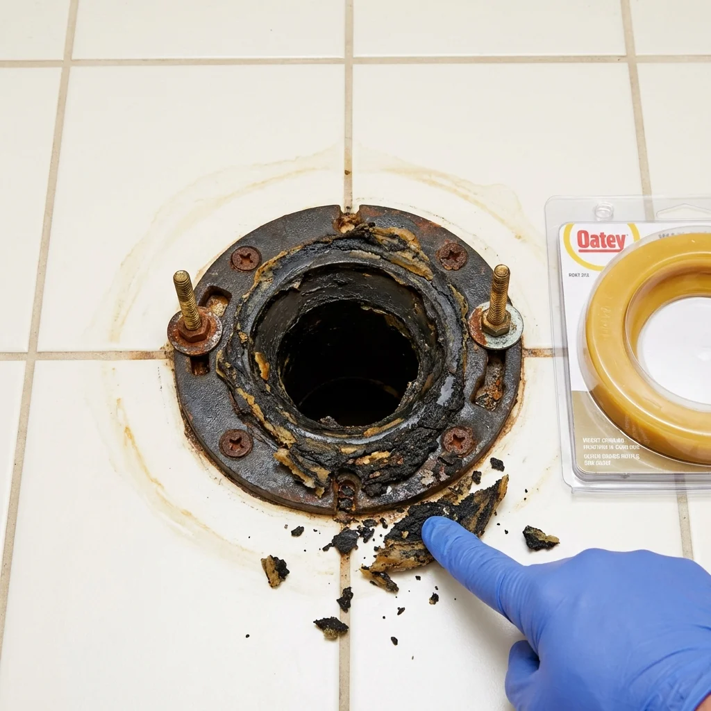 Failed wax ring showing water seepage at the base of a toilet in a Craig, AK home