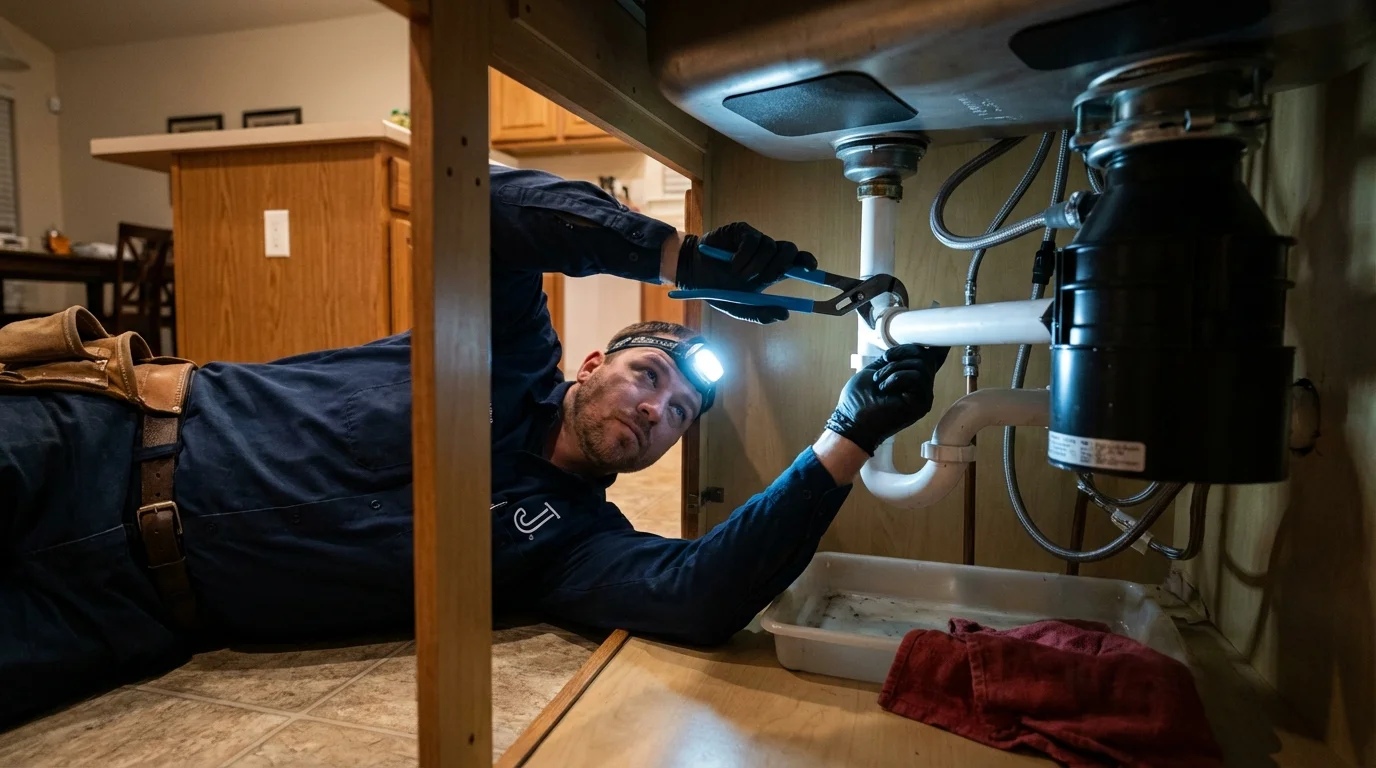 P-trap and supply line connections under a kitchen sink showing a common leak point in Craig, AK